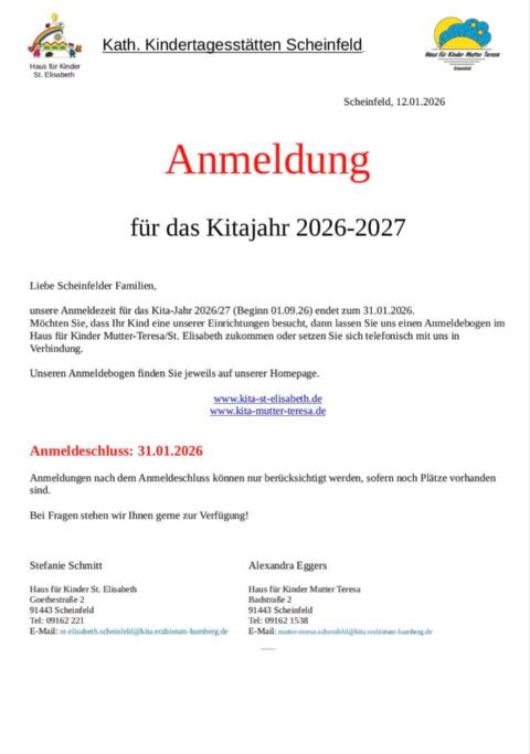 Anmeldeschluss für das Kitajahr 2026/27